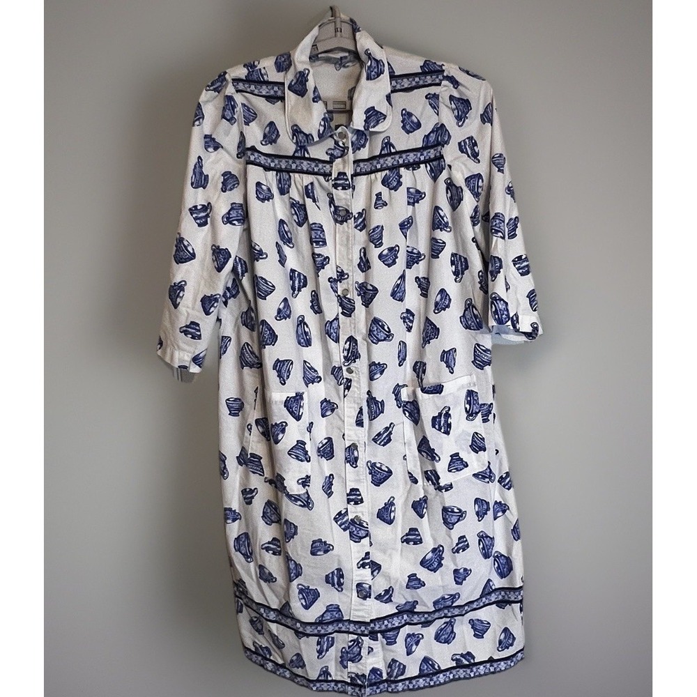 The Tog Shop Petites Blue White Teacup Print Snap Front House Coat Duster‎ PM